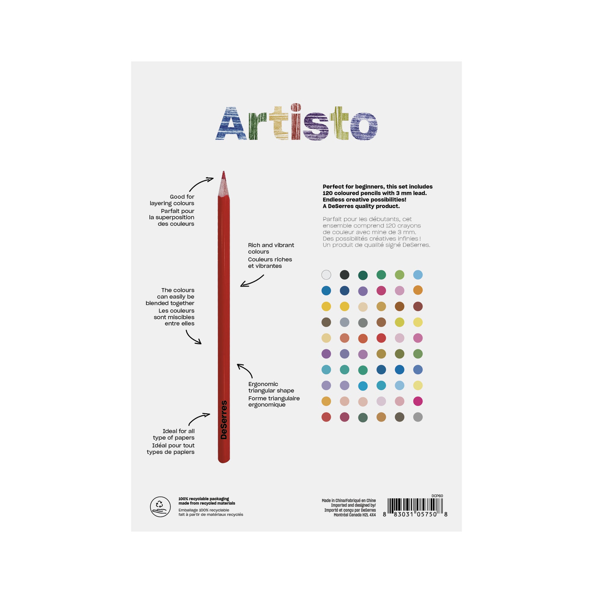 Ens. 60 crayons de couleur Artisto