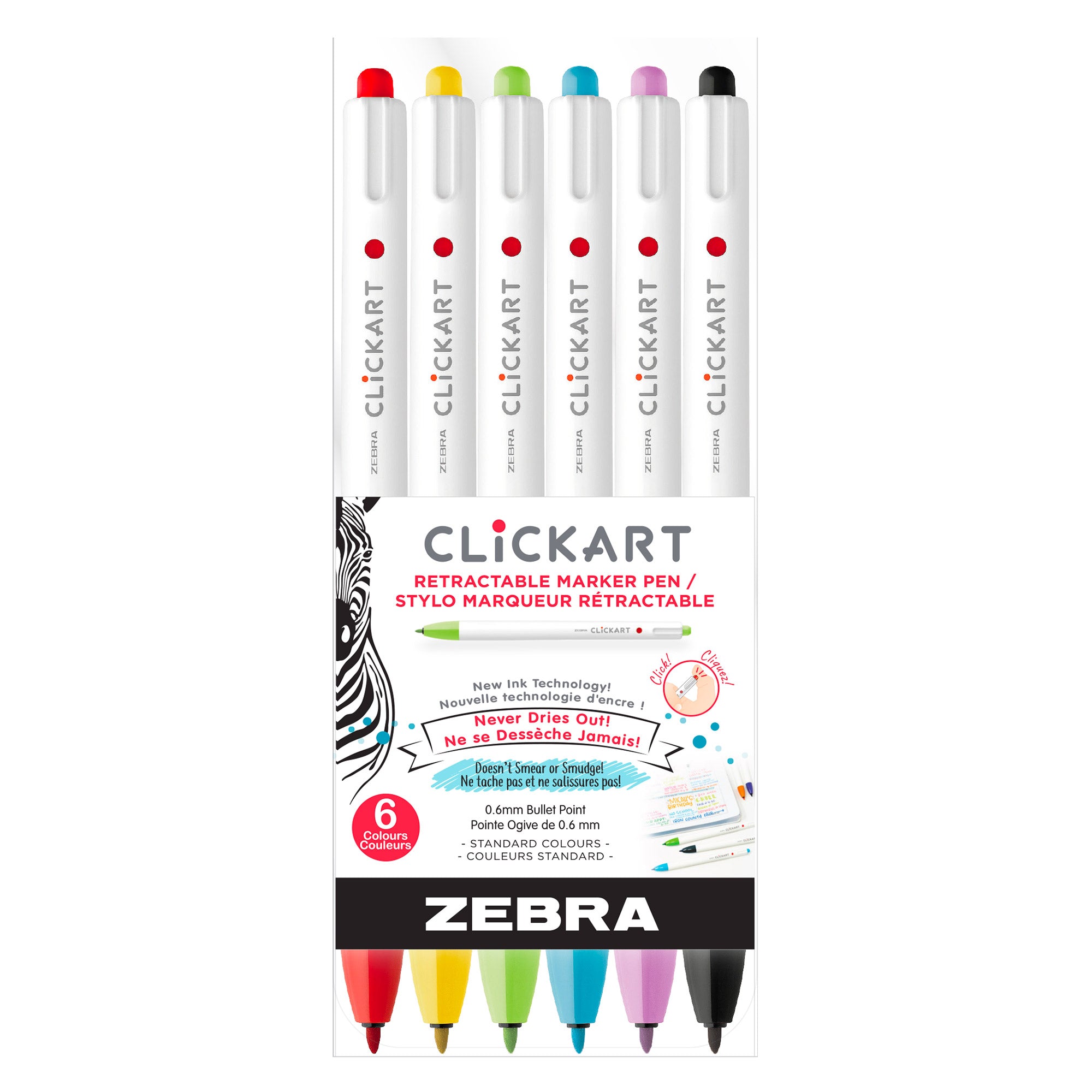 Zebra Clickart Retractable Marker Pen 0.6mm - Assorted, 6 Pack